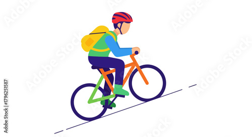 Cyclist Ascends Steep Incline, Bright Illustration On Solid Black Backdrop