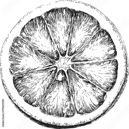 Orange slice sketch hand drawn detailed citrus fruit cross section — stock vector