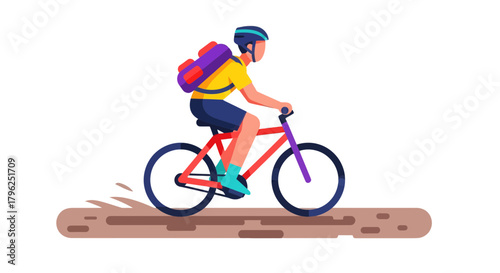 Cyclist With Backpack Rides Bicycle On Dirt Path Illustrating Outdoor Recreation