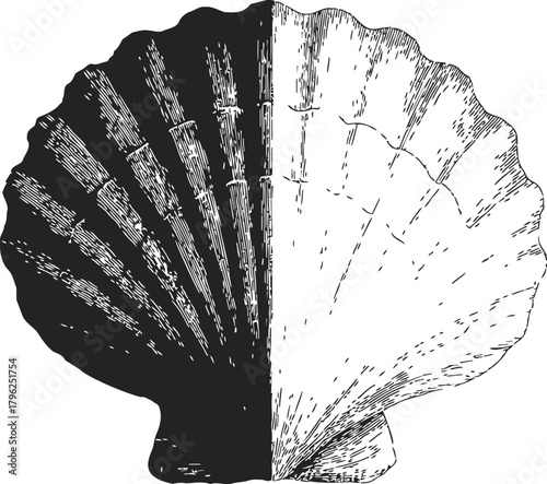 Scallop shell sketch, hand drawn, half black and white, detailed engraved lines — stock vector