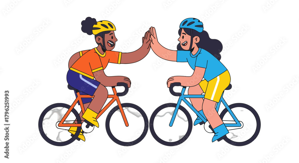 Obraz premium Cyclists Celebrate Victory with High Five While Riding Bikes for Fitness and Togetherness