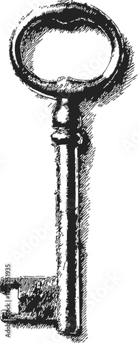 Antique skeleton key sketch, hand drawn vintage style with detailed shading — stock vector