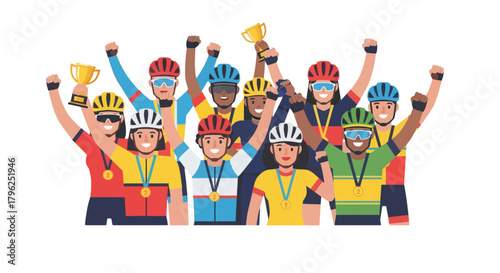 Cyclists Celebrate Victory with Trophies and Medals After Reaching the Finish Line