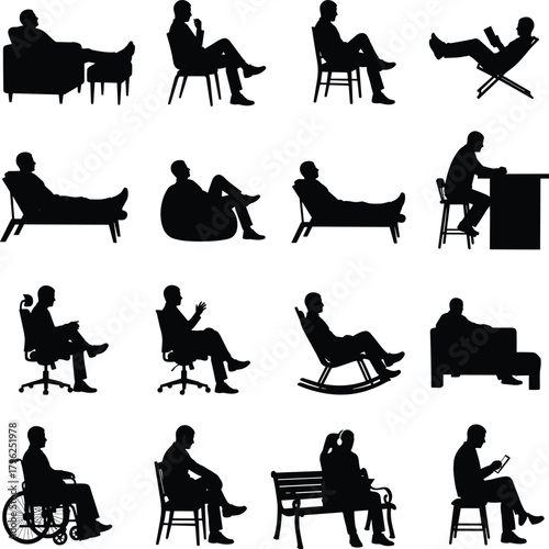 People sitting silhouette collection, different sitting postures illustration, relaxing and working positions, office and home lifestyle, ergonomic seating concept design