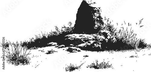 Rock formation sketch, hand drawn with grass and wild plants — stock vector