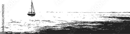 Sailboat sketch hand drawn on open sea with textured waves — stock vector