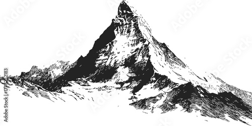 Mountain peak sketch, hand drawn line art with rugged rocky slopes — stock vector