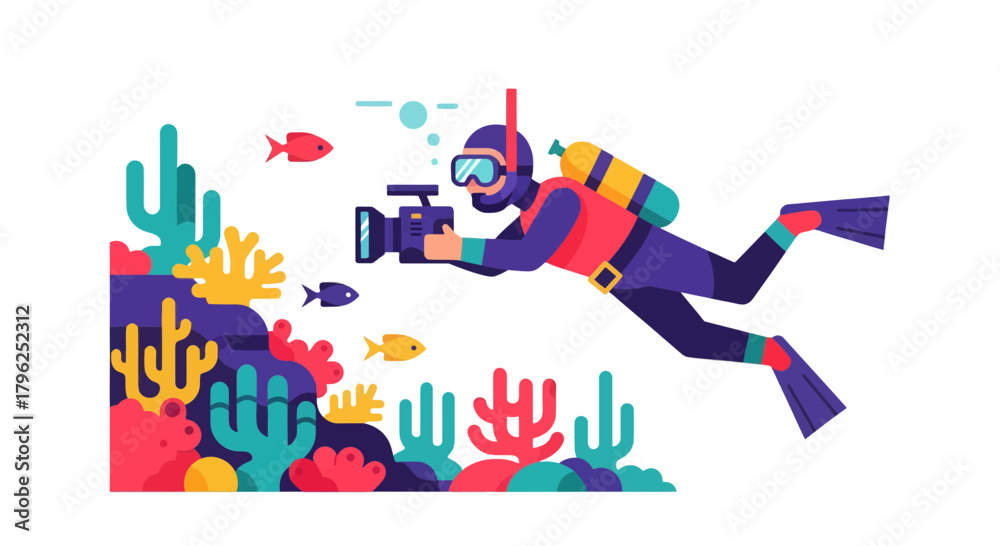 Obraz premium Diver Captures Underwater Fauna Using Camera with Stylized Design on Black Background