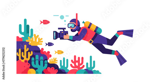 Diver Captures Underwater Fauna Using Camera with Stylized Design on Black Background