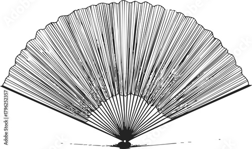 Folding hand fan sketch, hand drawn style, open fan with detailed ribs and pleats — stock vector