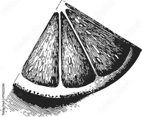 Lemon wedge sketch, hand drawn citrus fruit slice with detailed texture — stock vector