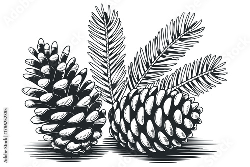 Two pine cones and pine needles on white