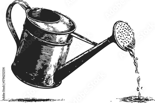 Watering can sketch hand drawn vintage style with water pouring out — stock vector