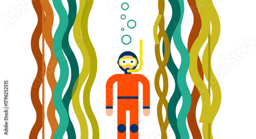 Diver Explores Abstract Underwater Realm Amidst Colorful Flowing Seaweed Structures