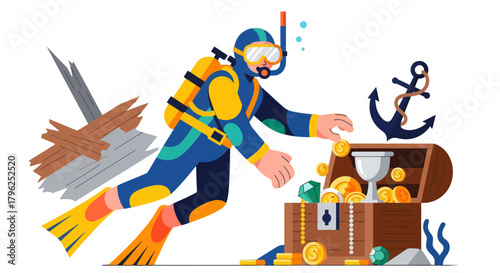Diver Discovering Treasure Underwater: A Colorful Illustration of Adventure and Discovery