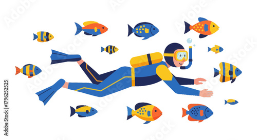 Diver Explores Marine Life Amid Diverse Fish Species Against a Black Backdrop Ocean