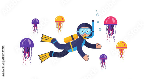 Diver Explores Underwater World Surrounded By Vibrantly Colored Jellyfish Animation