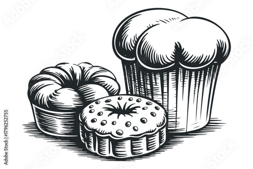 Woodcut Style Three Baked Pastries