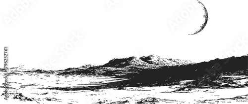 Moon landscape sketch, hand drawn vector with rocky terrain and crescent moon — stock vector