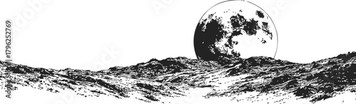 Moon rising over mountainous landscape, sketch hand drawn, dramatic black and white scene — stock vector