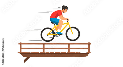 Cyclist Performing Stunt On A Bicycle Jumping Over A Wooden Bridge Against Black Background