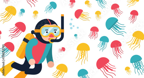 Diver Explores Underwater World With Colorful Jellyfish In Ocean'S Deep Waters