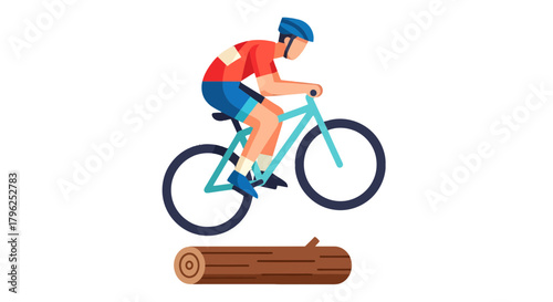 Cyclist Performing Bicycle Jump Across A Log Representing Extreme Sport Activity