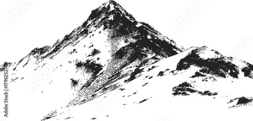 Mountain peak sketch, hand drawn line art rugged landscape — stock vector