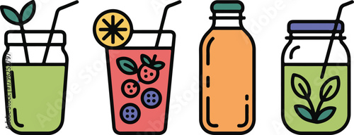 Four healthy drinks illustration with plant and fruit elements on transparent