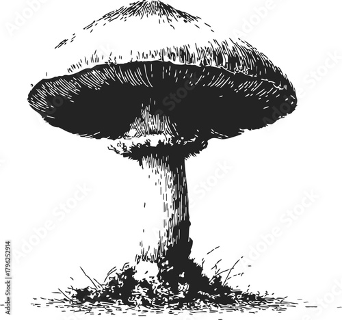 Mushroom sketch hand drawn style with detailed cap and stem on ground — stock vector