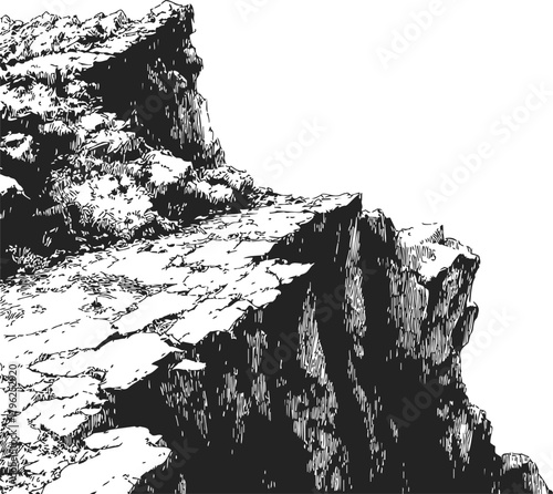 Cliff edge sketch, hand drawn rocky precipice with textured surface — stock vector