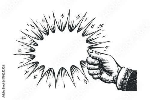 Hand pointing at explosive comic speech bubble