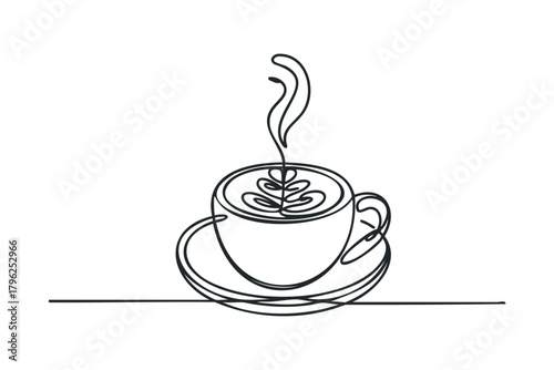 Single line drawing of a coffee cup with latte art