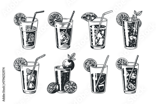 Collection of Summer Refreshing Drinks with Ice and Citrus