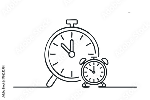 Two alarm clocks shown in simple line drawing style