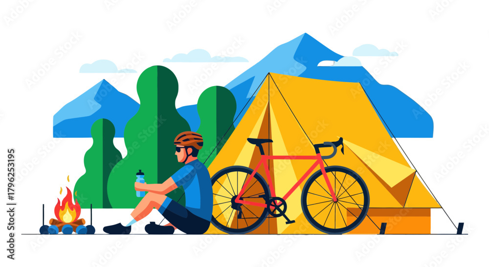 Fototapeta premium Cyclist Resting Beside Camp, Enjoying Nature Under the Mountains' Vantage Point