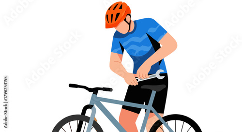 Cyclist Repairing Bicycle with Wrench Under the Bright Orange Helmet for Safety