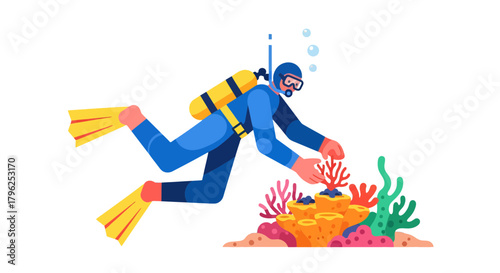 Diver Exploring Underwater World with Colorful Coral Reefs and Bubbles Illustration