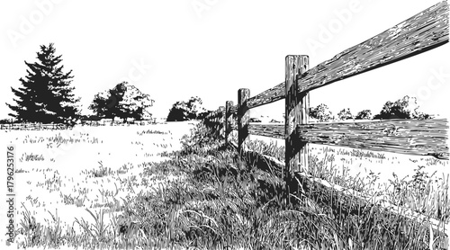 Rustic wood fence, hand drawn sketch style, pastoral countryside landscape with trees — stock vector