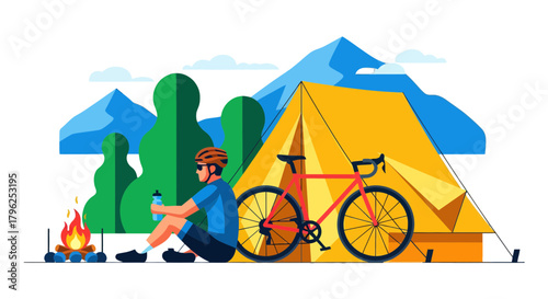 Cyclist Resting Beside Camp, Enjoying Nature Under the Mountains' Vantage Point