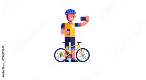Cyclist Taking A Selfie With His Smartphone While Posing On His Bicycle