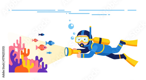 Diver Exploring Underwater World, Discovering Colorful Coral Reef and Fish in Dark Depth