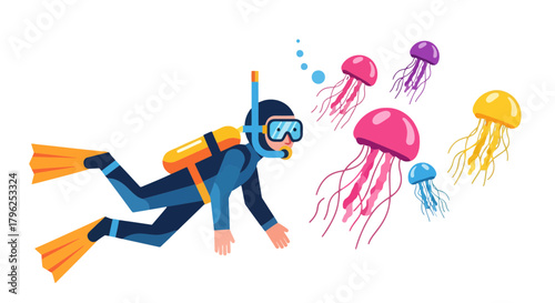 Diver Exploring Underwater World With Multicolored Jellyfish and Black Background