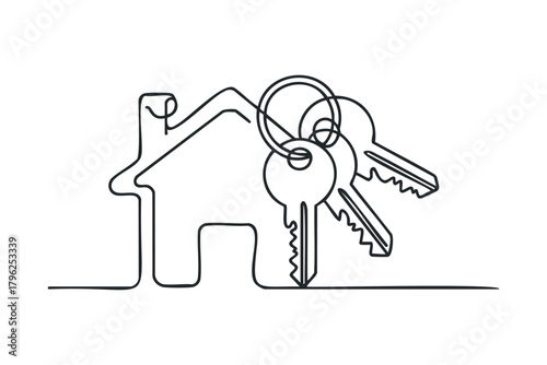 Line drawing of house outline with keys on keyring