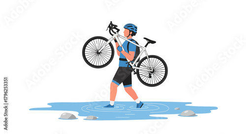 Cyclist Wading Through Water Carrying His Bicycle For Adventure Transportation Journey