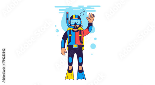 Diver Greeting Undersea Displayed in Vibrant Nautical Illustration Style for Advertisements