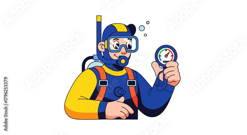 Diver Inspecting Pressure Gauge Underwater, Professional Scuba Diving Illustration