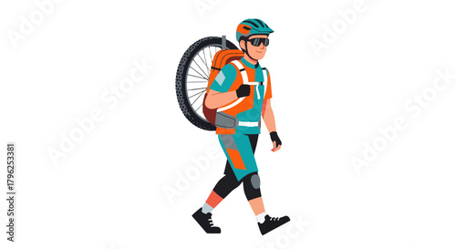 Cyclist With A Tire Backback Moving, Sporty Outdoor Adventure on Black Background
