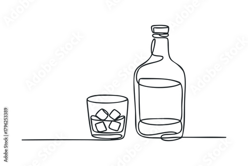 Continuous line drawing of a liquor bottle and glass with ice