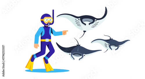 Diver Points At Manta Rays Swimming Submerged In The Darkness Of Ocean Depths